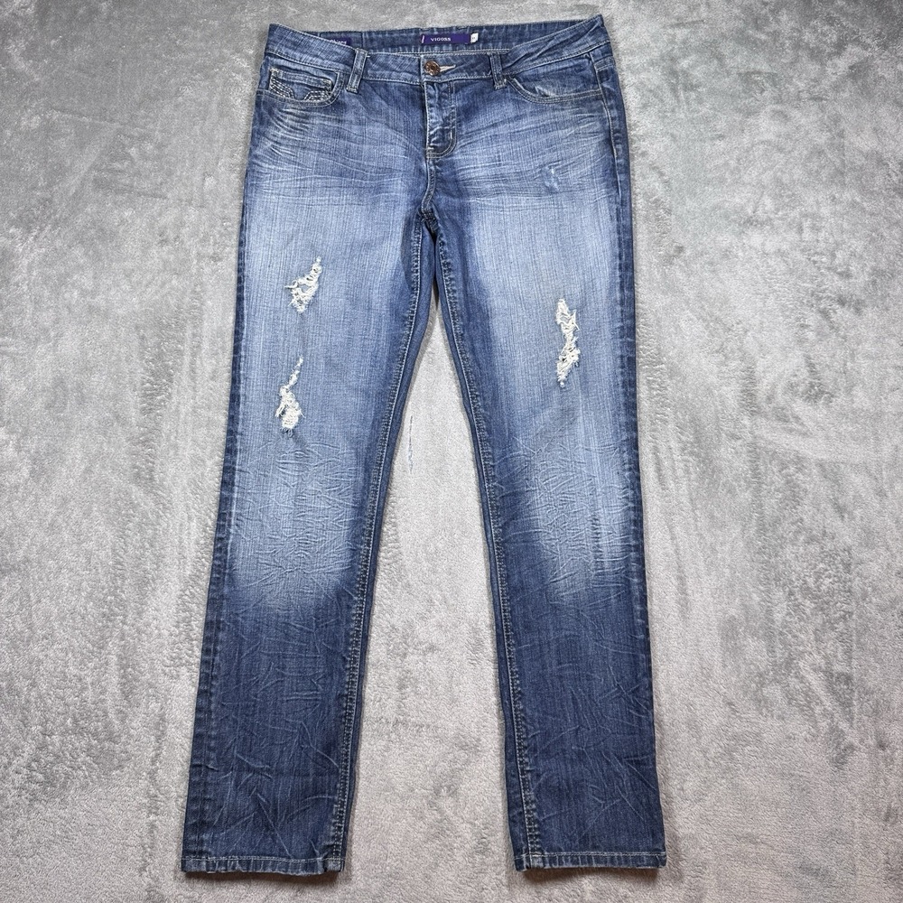 Vigoss Distressed Skinny Jeans Women Size 11 Blue Stretch Denim Faded Wash